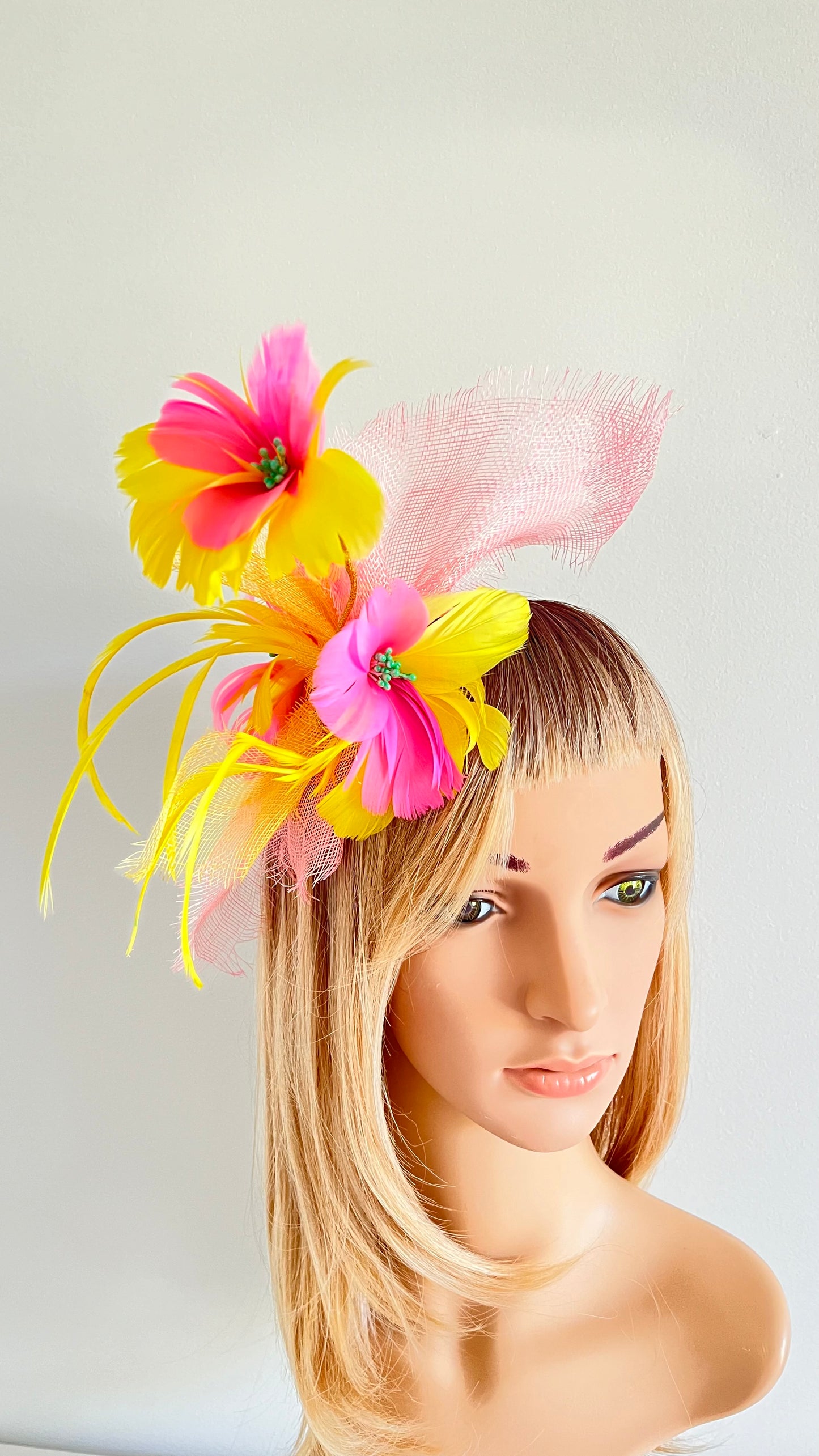 z-Sold Pink & Yellow Feather Fascinator