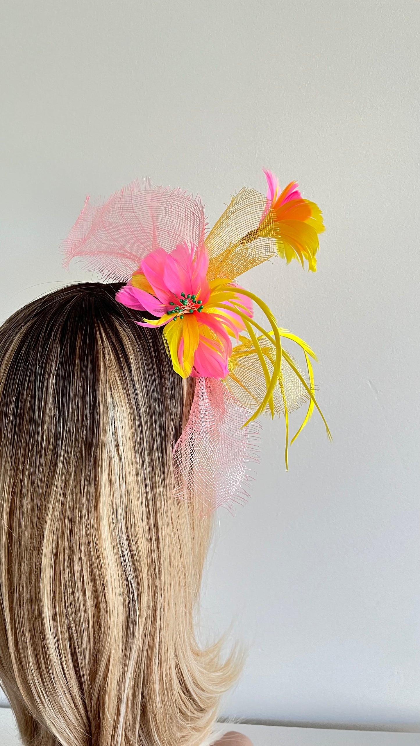 z-Sold Pink & Yellow Feather Fascinator