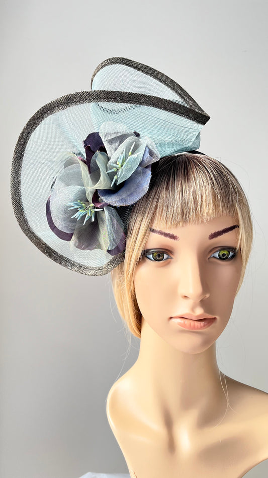 Blue Fascinator with Silk Flowers #2402