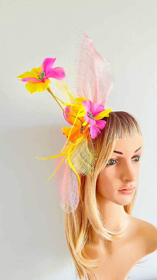 Yellow  & Pink Feather Fascinator