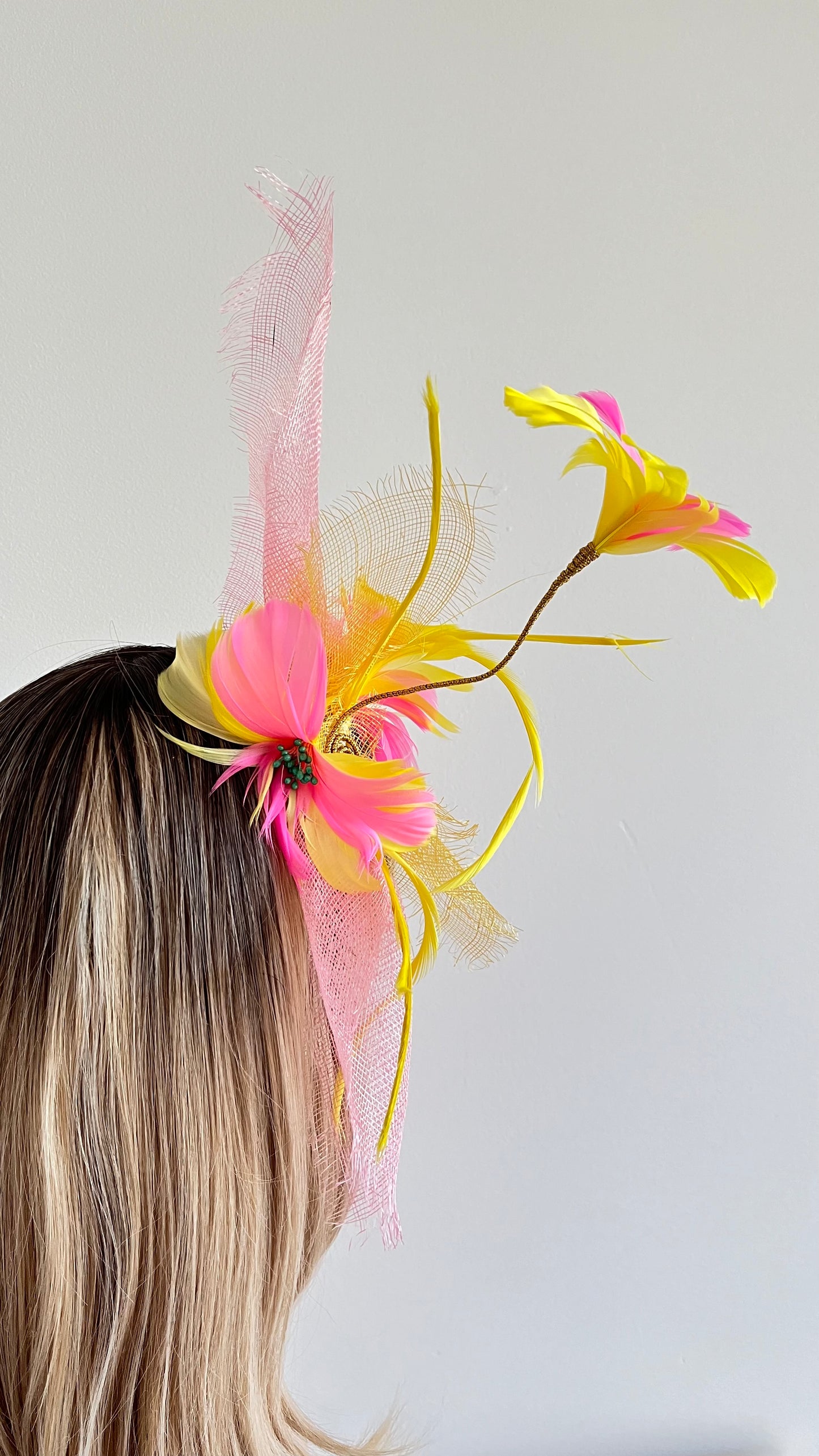 Yellow  & Pink Feather Fascinator