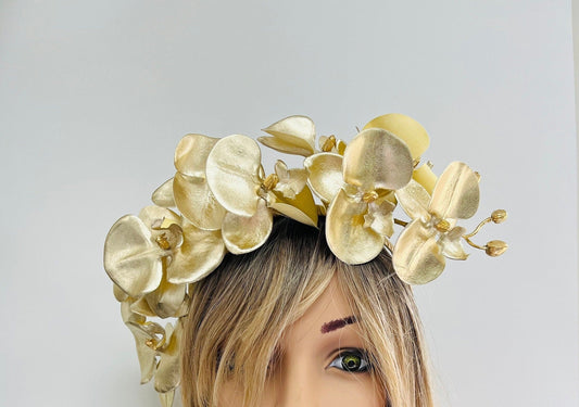 Gold Flower Crown Fascinator Orchid Headband #1056